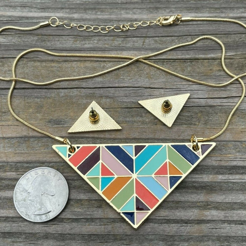 Fruitful Necklaces Gold Tone Geometric Triangle Earring enamel paint Jewelry Set - Picture 11 of 12